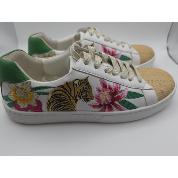 JOHNNY WAS Maisie White Leather Tropical Tiger Embroidered Sneakers ~ Womens 7.5 - Picture 6 of 13